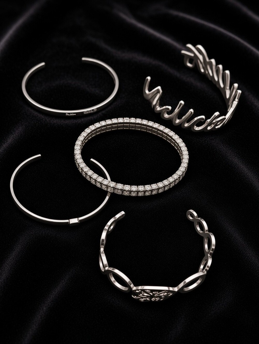 Vintage Silver Tone Bracelet Bundle 5pc Rhinestone Cuff Bangle Y2K Statement CC